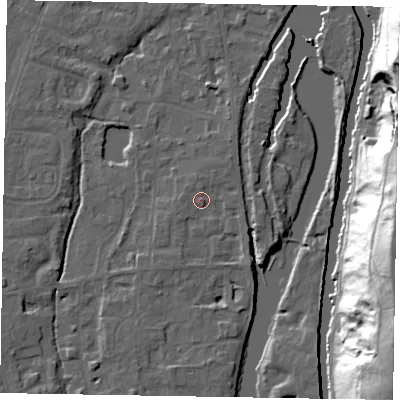 Shaded relief map of the ground around SL68TL, computed from Environment Agency LiDAR. The ground here sits at about 25 m above sea level and falls 45 m across the surrounding 800 m. Surface water reaching this point runs off ground lying to the north, 1.1 m higher.