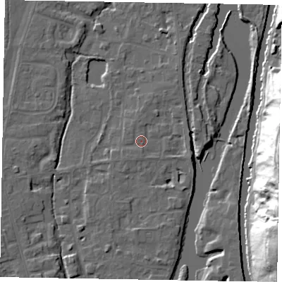 Shaded relief map of the ground around SL68TN, computed from Environment Agency LiDAR. The ground here sits at about 25 m above sea level and falls 37 m across the surrounding 800 m. Surface water reaching this point runs off ground lying to the north, 1.0 m higher.