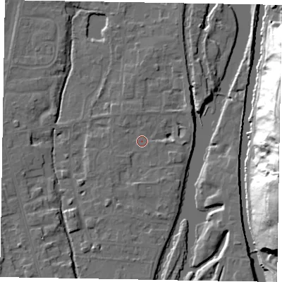 Shaded relief map of the ground around SL68TP, computed from Environment Agency LiDAR. The ground here sits at about 24 m above sea level and falls 38 m across the surrounding 800 m. Surface water reaching this point runs off ground lying to the east-north-east, 4.2 m higher.