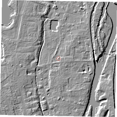 Shaded relief map of the ground around SL68TQ, computed from Environment Agency LiDAR. The ground here sits at about 24 m above sea level and falls 5 m across the surrounding 800 m. Surface water reaching this point runs off ground lying to the north-east, 1.9 m higher.