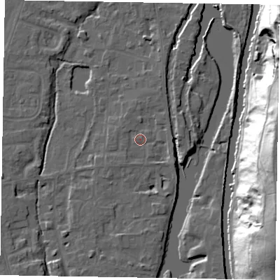 Shaded relief map of the ground around SL68TR, computed from Environment Agency LiDAR. The ground here sits at about 25 m above sea level and falls 45 m across the surrounding 800 m. Surface water reaching this point runs off ground lying to the south-east, 1.9 m higher.