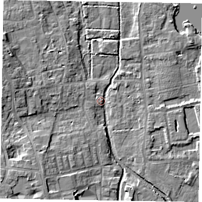 Shaded relief map of the ground around SL68TS, computed from Environment Agency LiDAR. The ground here sits at about 24 m above sea level and falls 9 m across the surrounding 800 m. Surface water reaching this point runs off ground lying to the west-north-west, 8.1 m higher.