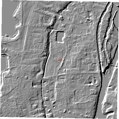 Shaded relief map of the ground around SL68TT, computed from Environment Agency LiDAR. The ground here sits at about 23 m above sea level and falls 5 m across the surrounding 800 m. Surface water reaching this point runs off ground lying to the west-north-west, 3.6 m higher.
