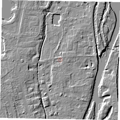 Shaded relief map of the ground around SL68TU, computed from Environment Agency LiDAR. The ground here sits at about 24 m above sea level and falls 5 m across the surrounding 800 m. Surface water reaching this point runs off ground lying to the east-north-east, 1.6 m higher.