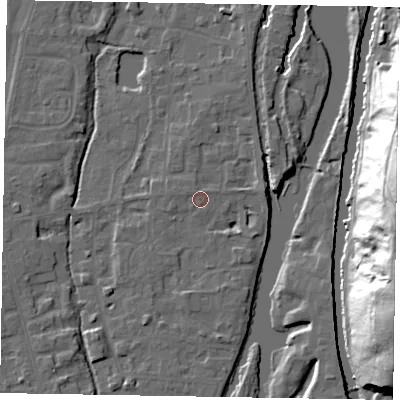 Shaded relief map of the ground around SL68TW, computed from Environment Agency LiDAR. The ground here sits at about 24 m above sea level and falls 40 m across the surrounding 800 m. Surface water reaching this point runs off ground lying to the north-west, 0.7 m higher.