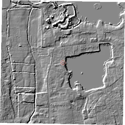 Shaded relief map of the ground around SL68TX, computed from Environment Agency LiDAR. The ground here sits at about 25 m above sea level and falls 7 m across the surrounding 800 m. Surface water reaching this point runs off ground lying to the south-south-west, 0.8 m higher.