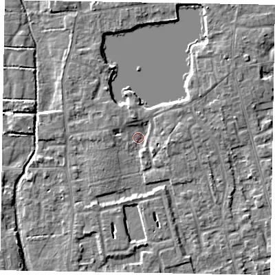 Shaded relief map of the ground around SL68UA, computed from Environment Agency LiDAR. The ground here sits at about 23 m above sea level and falls 4 m across the surrounding 800 m. Surface water reaching this point runs off ground lying to the south, 3.7 m higher.