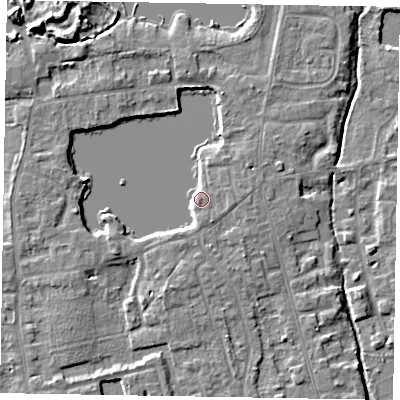 Shaded relief map of the ground around SL68UD, computed from Environment Agency LiDAR. The ground here sits at about 25 m above sea level and falls 8 m across the surrounding 800 m. Surface water reaching this point runs off ground lying to the south, 3.3 m higher.
