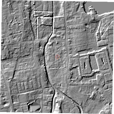 Shaded relief map of the ground around SL68UE, computed from Environment Agency LiDAR. The ground here sits at about 24 m above sea level and falls 8 m across the surrounding 800 m. Surface water reaching this point runs off ground lying to the north-east, 2.2 m higher.