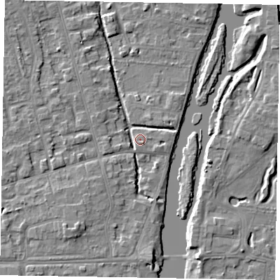 Shaded relief map of the ground around SL68UP, computed from Environment Agency LiDAR. The ground here sits at about 23 m above sea level and falls 5 m across the surrounding 800 m. Surface water reaching this point runs off ground lying to the west-south-west, 2.7 m higher.