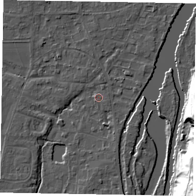Shaded relief map of the ground around SL68UU, computed from Environment Agency LiDAR. The ground here sits at about 24 m above sea level and falls 42 m across the surrounding 800 m. Surface water reaching this point runs off ground lying to the north-west, 0.6 m higher.
