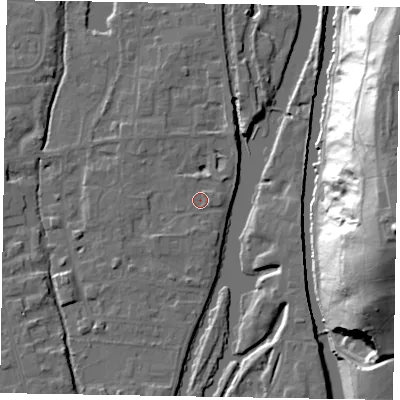 Shaded relief map of the ground around SL68XA, computed from Environment Agency LiDAR. The ground here sits at about 24 m above sea level and falls 48 m across the surrounding 800 m. Surface water reaching this point runs off ground lying to the north-north-east, 0.9 m higher.