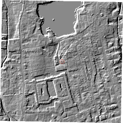 Shaded relief map of the ground around SL68XF, computed from Environment Agency LiDAR. The ground here sits at about 24 m above sea level and falls 4 m across the surrounding 800 m. Surface water reaching this point runs off ground lying to the north-north-east, 3.9 m higher.