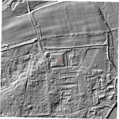 Shaded relief map of the ground around SL68XY, computed from Environment Agency LiDAR. The ground here sits at about 25 m above sea level and falls 5 m across the surrounding 800 m. The ground contributing surface water to this point lies to the east.