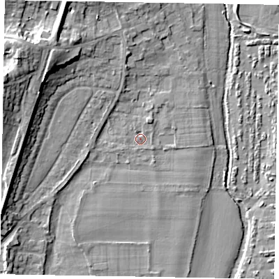 Shaded relief map of the ground around SL69BF, computed from Environment Agency LiDAR. The ground here sits at about 26 m above sea level and falls 15 m across the surrounding 800 m. Surface water reaching this point runs off ground lying to the north-north-east, 1.8 m higher.
