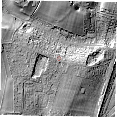 Shaded relief map of the ground around SL69BJ, computed from Environment Agency LiDAR. The ground here sits at about 42 m above sea level and falls 27 m across the surrounding 800 m. Surface water reaching this point runs off ground lying to the west, 3.0 m higher.