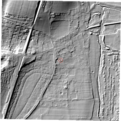Shaded relief map of the ground around SL69DA, computed from Environment Agency LiDAR. The ground here sits at about 27 m above sea level and falls 21 m across the surrounding 800 m. Surface water reaching this point runs off ground lying to the west-north-west, 2.1 m higher.