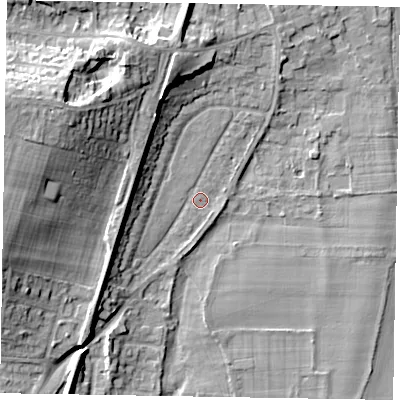 Shaded relief map of the ground around SL69DD, computed from Environment Agency LiDAR. The ground here sits at about 26 m above sea level and falls 19 m across the surrounding 800 m. Surface water reaching this point runs off ground lying to the north-west, 12.8 m higher.