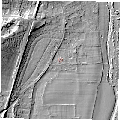 Shaded relief map of the ground around SL69DF, computed from Environment Agency LiDAR. The ground here sits at about 25 m above sea level and falls 17 m across the surrounding 800 m. Surface water reaching this point runs off ground lying to the north-north-west, 10.0 m higher.