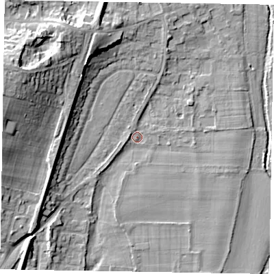 Shaded relief map of the ground around SL69DG, computed from Environment Agency LiDAR. The ground here sits at about 25 m above sea level and falls 18 m across the surrounding 800 m. Surface water reaching this point runs off ground lying to the west, 1.5 m higher.