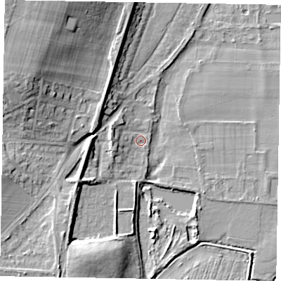 Shaded relief map of the ground around SL69DH, computed from Environment Agency LiDAR. The ground here sits at about 25 m above sea level and falls 18 m across the surrounding 800 m. Surface water reaching this point runs off ground lying to the west, 4.3 m higher.