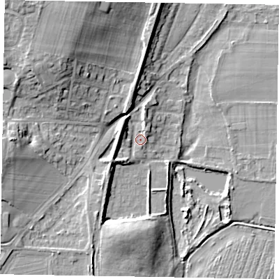 Shaded relief map of the ground around SL69DJ, computed from Environment Agency LiDAR. The ground here sits at about 27 m above sea level and falls 19 m across the surrounding 800 m. Surface water reaching this point runs off ground lying to the north-west, 14.3 m higher.