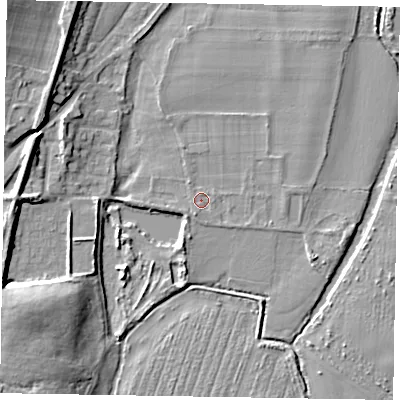 Shaded relief map of the ground around SL69DL, computed from Environment Agency LiDAR. The ground here sits at about 25 m above sea level and falls 13 m across the surrounding 800 m. Surface water reaching this point runs off ground lying to the south-south-west, 1.2 m higher.