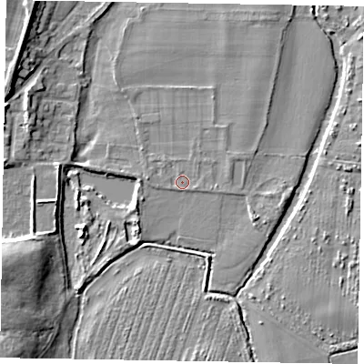 Shaded relief map of the ground around SL69DN, computed from Environment Agency LiDAR. The ground here sits at about 25 m above sea level and falls 10 m across the surrounding 800 m. Surface water reaching this point runs off ground lying to the north-north-east, 1.5 m higher.