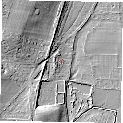 Shaded relief map of the ground around SL69DR, computed from Environment Agency LiDAR. The ground here sits at about 26 m above sea level and falls 19 m across the surrounding 800 m. Surface water reaching this point runs off ground lying to the west, 3.8 m higher.
