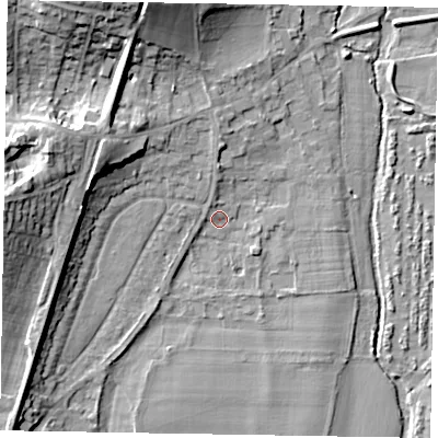 Shaded relief map of the ground around SL69DS, computed from Environment Agency LiDAR. The ground here sits at about 26 m above sea level and falls 16 m across the surrounding 800 m. Surface water reaching this point runs off ground lying to the north-north-west, 1.8 m higher.