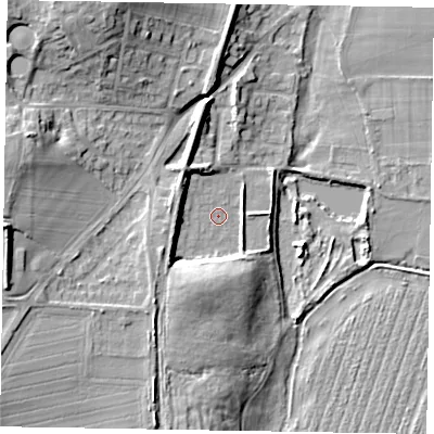Shaded relief map of the ground around SL69DU, computed from Environment Agency LiDAR. The ground here sits at about 27 m above sea level and falls 17 m across the surrounding 800 m. Surface water reaching this point runs off ground lying to the south-south-west, 8.7 m higher.