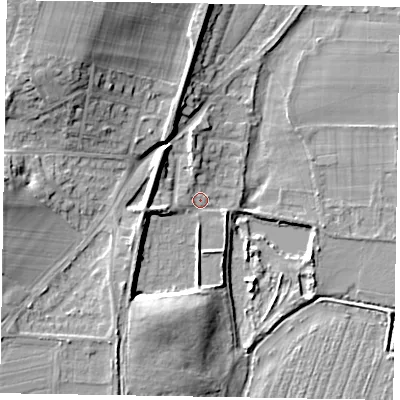 Shaded relief map of the ground around SL69DW, computed from Environment Agency LiDAR. The ground here sits at about 26 m above sea level and falls 18 m across the surrounding 800 m. Surface water reaching this point runs off ground lying to the north-west, 15.0 m higher.