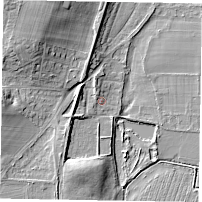 Shaded relief map of the ground around SL69DY, computed from Environment Agency LiDAR. The ground here sits at about 26 m above sea level and falls 19 m across the surrounding 800 m. Surface water reaching this point runs off ground lying to the north-west, 14.8 m higher.