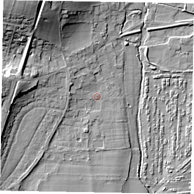 Shaded relief map of the ground around SL69DZ, computed from Environment Agency LiDAR. The ground here sits at about 26 m above sea level and falls 20 m across the surrounding 800 m. Surface water reaching this point runs off ground lying to the north-north-west, 18.0 m higher.