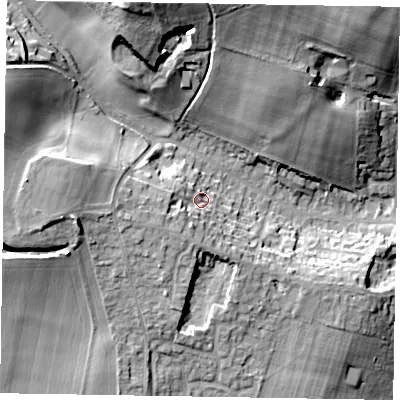 Shaded relief map of the ground around SL69EG, computed from Environment Agency LiDAR. The ground here sits at about 42 m above sea level and falls 28 m across the surrounding 800 m. Surface water reaching this point runs off ground lying to the west-south-west, 8.4 m higher.