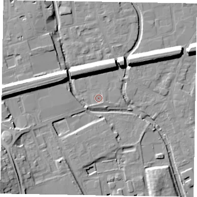 Shaded relief map of the ground around SL69FY, computed from Environment Agency LiDAR. The ground here sits at about 24 m above sea level and falls 20 m across the surrounding 800 m. Surface water reaching this point runs off ground lying to the east-south-east, 1.1 m higher.