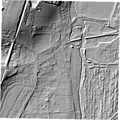 Shaded relief map of the ground around SL69QD, computed from Environment Agency LiDAR. The ground here sits at about 26 m above sea level and falls 23 m across the surrounding 800 m. Surface water reaching this point runs off ground lying to the west, 1.4 m higher.