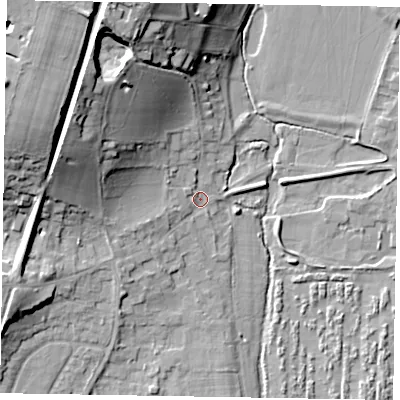 Shaded relief map of the ground around SL69QG, computed from Environment Agency LiDAR. The ground here sits at about 26 m above sea level and falls 23 m across the surrounding 800 m. Surface water reaching this point runs off ground lying to the north-west, 15.8 m higher.