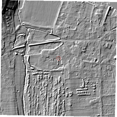 Shaded relief map of the ground around SL69QH, computed from Environment Agency LiDAR. The ground here sits at about 26 m above sea level and falls 13 m across the surrounding 800 m. Surface water reaching this point runs off ground lying to the east-south-east, 2.3 m higher.