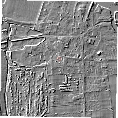 Shaded relief map of the ground around SL69QJ, computed from Environment Agency LiDAR. The ground here sits at about 27 m above sea level and falls 6 m across the surrounding 800 m. Surface water reaching this point runs off ground lying to the east-south-east, 1.0 m higher.