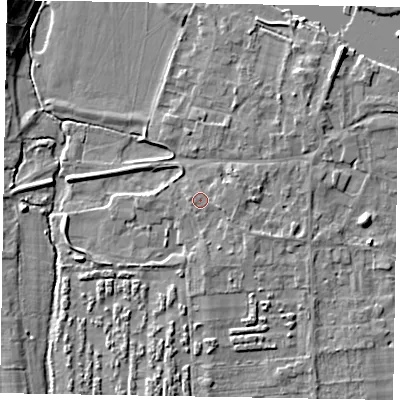 Shaded relief map of the ground around SL69QL, computed from Environment Agency LiDAR. The ground here sits at about 27 m above sea level and falls 9 m across the surrounding 800 m. Surface water reaching this point runs off ground lying to the east-south-east, 1.1 m higher.