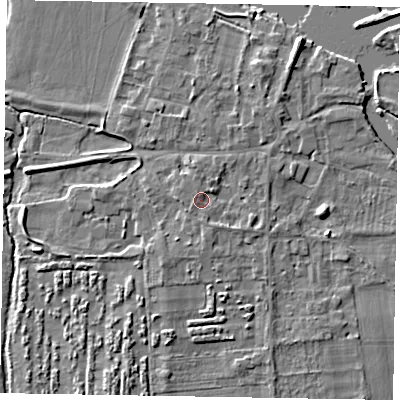 Shaded relief map of the ground around SL69QN, computed from Environment Agency LiDAR. The ground here sits at about 27 m above sea level and falls 6 m across the surrounding 800 m. Surface water reaching this point runs off ground lying to the south, 0.7 m higher.