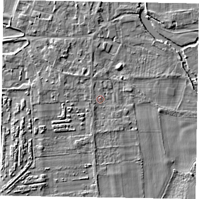 Shaded relief map of the ground around SL69QP, computed from Environment Agency LiDAR. The ground here sits at about 26 m above sea level and falls 3 m across the surrounding 800 m. Surface water reaching this point runs off ground lying to the south-west, 1.0 m higher.