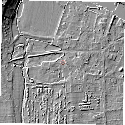 Shaded relief map of the ground around SL69QQ, computed from Environment Agency LiDAR. The ground here sits at about 26 m above sea level and falls 13 m across the surrounding 800 m. Surface water reaching this point runs off ground lying to the east-south-east, 1.0 m higher.
