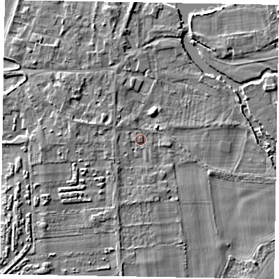 Shaded relief map of the ground around SL69QR, computed from Environment Agency LiDAR. The ground here sits at about 26 m above sea level and falls 5 m across the surrounding 800 m. Surface water reaching this point runs off ground lying to the north-north-east, 2.6 m higher.