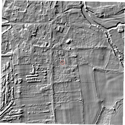 Shaded relief map of the ground around SL69QS, computed from Environment Agency LiDAR. The ground here sits at about 26 m above sea level and falls 4 m across the surrounding 800 m. Surface water reaching this point runs off ground lying to the west-south-west, 1.2 m higher.