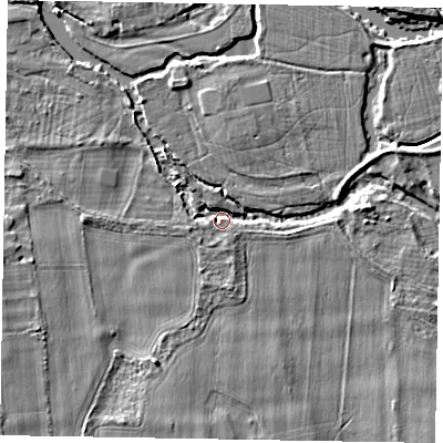 Shaded relief map of the ground around SL69QT, computed from Environment Agency LiDAR. The ground here sits at about 26 m above sea level and falls 4 m across the surrounding 800 m. Surface water reaching this point runs off ground lying to the north-west, 2.9 m higher.