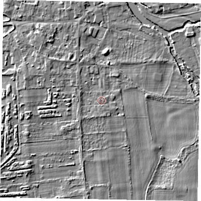 Shaded relief map of the ground around SL69QU, computed from Environment Agency LiDAR. The ground here sits at about 26 m above sea level and falls 3 m across the surrounding 800 m. Surface water reaching this point runs off ground lying to the south-south-east, 0.6 m higher.