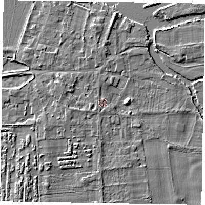 Shaded relief map of the ground around SL69QW, computed from Environment Agency LiDAR. The ground here sits at about 26 m above sea level and falls 5 m across the surrounding 800 m. Surface water reaching this point runs off ground lying to the south-south-west, 0.9 m higher.