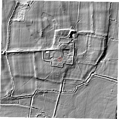 Shaded relief map of the ground around SL69QX, computed from Environment Agency LiDAR. The ground here sits at about 26 m above sea level and falls 6 m across the surrounding 800 m. Surface water reaching this point runs off ground lying to the north-west, 1.6 m higher.